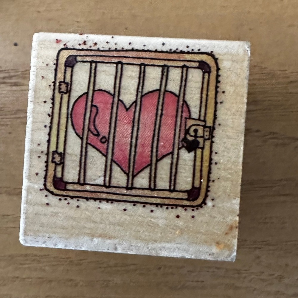 Caged Heart Rubber Stamp Love Locked Illustration Wood Mount Retired Valentine